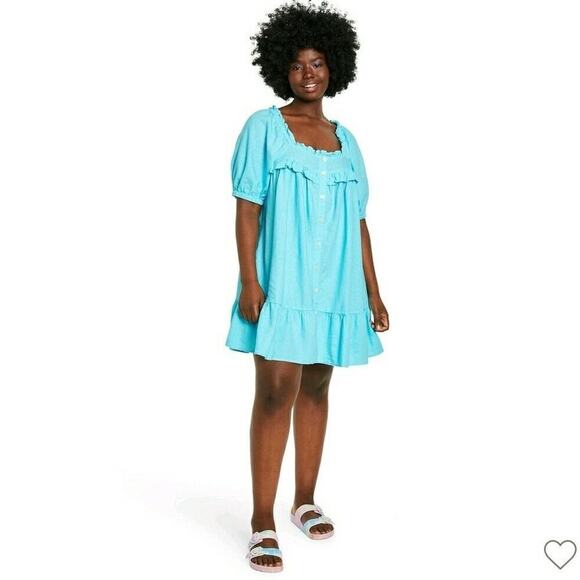 Stoney Clover x Target Puff Sleeve Square Neck Ruffle Mini Dress Blue L - Picture 1 of 7